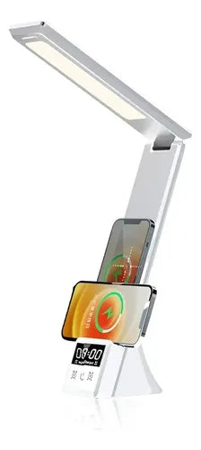 Lámpara LED Mesa 5 en 1 Cargador Inalámbrico Reloj Alarma